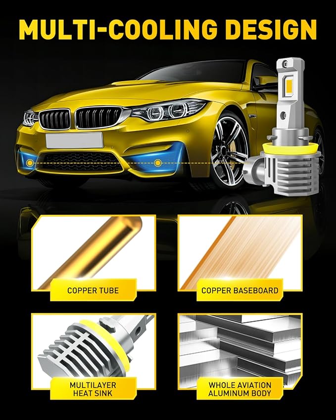 AUXITO H11/H8/H16 LED Fog Light Bulbs or DRL, 3000K Amber Yellow Light, 600% Super Brightness, Fanless Mini Size Fog Lights Replacement for Cars, Play and Plug (Pack of 2)