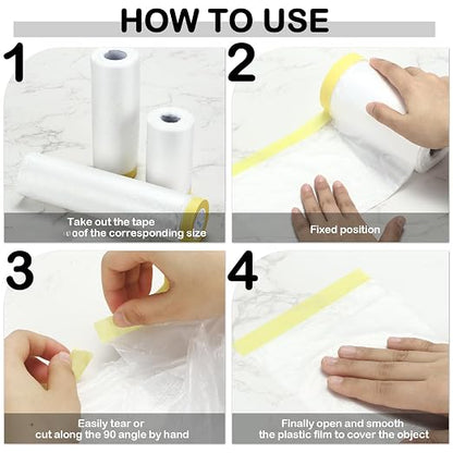 Fainne 12 Rolls Assorted Plastic Sheeting Pre Taped Masking Film Clear Masking Paper for Automotive Painting Covering Painting Supplies, 3 Multi Sizes x 66 Feet/roll