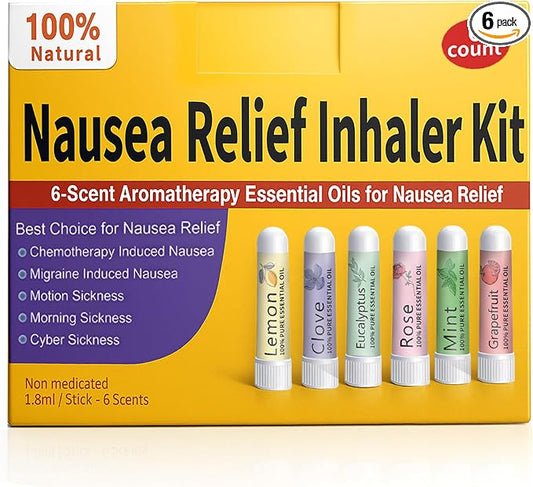 Hion Nausea Relief Inhaler 6 pcs for Motion Sickness and Pregnant Women Morning Sickness, Aromatherapy Natural Essential Oils Inhalers