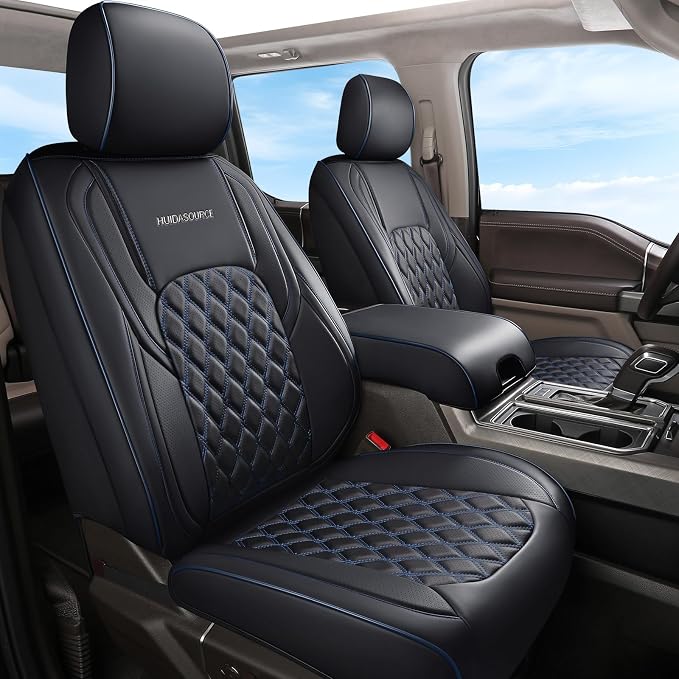 Huidasource Dodge Ram Seat Covers, Front&Rear Pickup Truck Leather Seat Cover Fit for 2009-2018 1500, 2010-2025 2500/3500 Crew Mega Cab, 2019-2025 ram 1500 Classic only(Full Set/Black&Blue)
