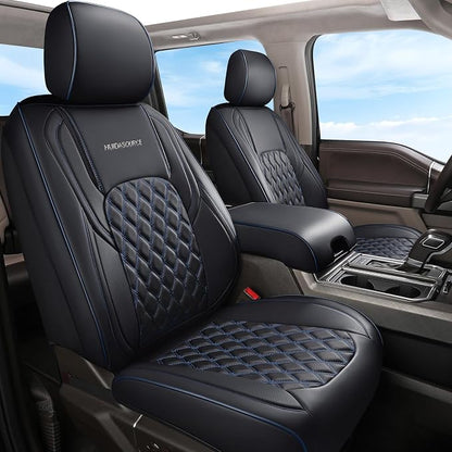 Huidasource Dodge Ram Seat Covers, Front&Rear Pickup Truck Leather Seat Cover Fit for 2009-2018 1500, 2010-2025 2500/3500 Crew Mega Cab, 2019-2025 ram 1500 Classic only(Full Set/Black&Blue)