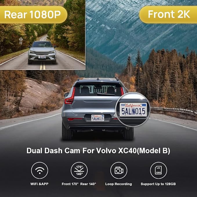 Fitcamx 2K Dual Dash Cam Suitable for Volvo XC40 & XC40 Recharge B4 B5 T4 T5 P8 (Model B), OEM Style, Front 1440P+Rear 1080P HD Video, Loop Recording, WiFi & APP, G-Sensor, Easy to Use, 64GB Card