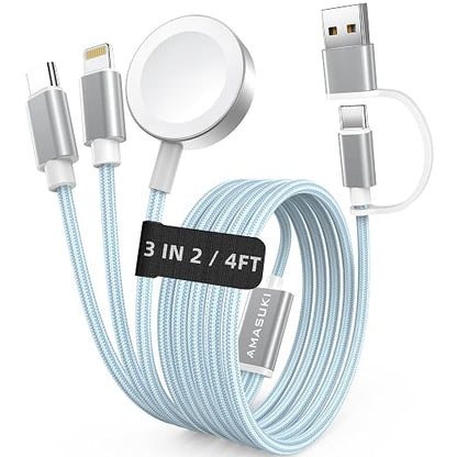 Travel Essentials,3 in 2 USB C Cable for Apple Watch Charger,iPhone Charger,Multi Charging Cable,Cruise Vacation Camping Essentials,Portable for iWatch Series 11-2/Ultra/SE & iPhone 17-12,Car,Blue