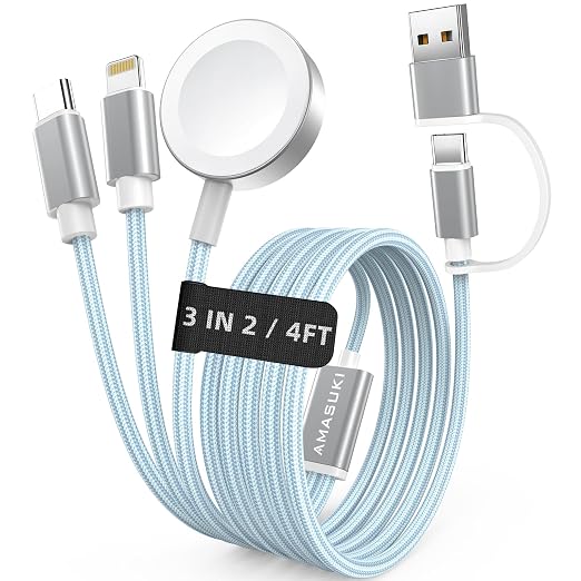Travel Essentials,3 in 2 USB C Cable for Apple Watch Charger,iPhone Charger,Multi Charging Cable,Cruise Vacation Camping Essentials,Portable for iWatch Series 11-2/Ultra/SE & iPhone 17-12,Car,Blue