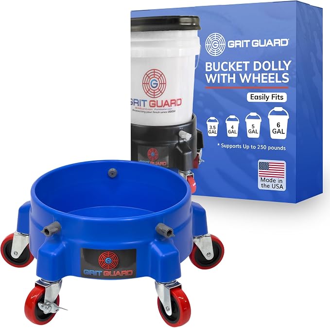 Grit Guard Bucket Dolly with Wheels - Rolling Detailing Wash Bucket with 5 Wheels and 2 Locking Casters Compatible with 2.5, 4, 5 and 6 Gallon Buckets (Blue, 3" Red Casters) - Made in the USA