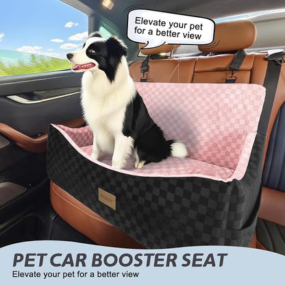 JOEJOY Dog Car Seat for Medium/Large Dogs - Reversible Dual-Sided Travel Dog Car Bed with Memory Foam, Washable Pet Booster Seat for Dogs up to 55 lbs or 2 Small Dogs, 2 Safety Leashes, Pink