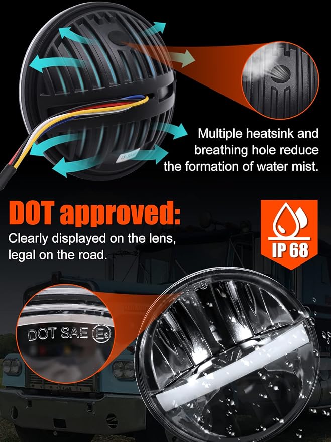 UNI-SHINE 5 3/4'' 5.75 Inch LED Headlight Round 4pcs Reflector Hi/Lo Beam With DRL Sealed Beam H5001 H5006 Compatible With Peterbilt 349 359, Chevy Impala 59-76, Dodge