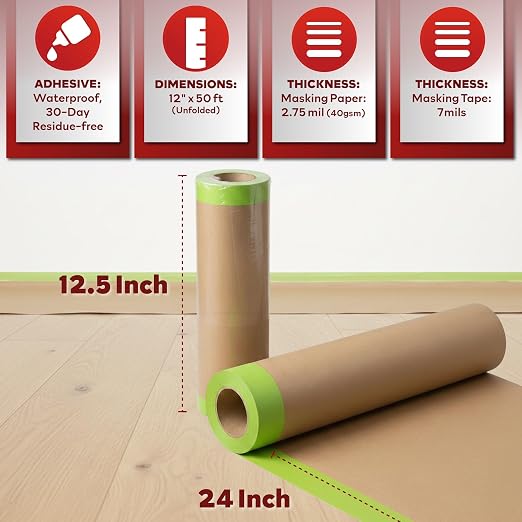 XFasten Pre Taped Masking Paper for Painting 12 Inches x 50 Feet Single Roll Thick Painters Paper with Tape for Cars, Walls, Auto Body — Thick Kraft, Clean Removal Painters Drape with Tape