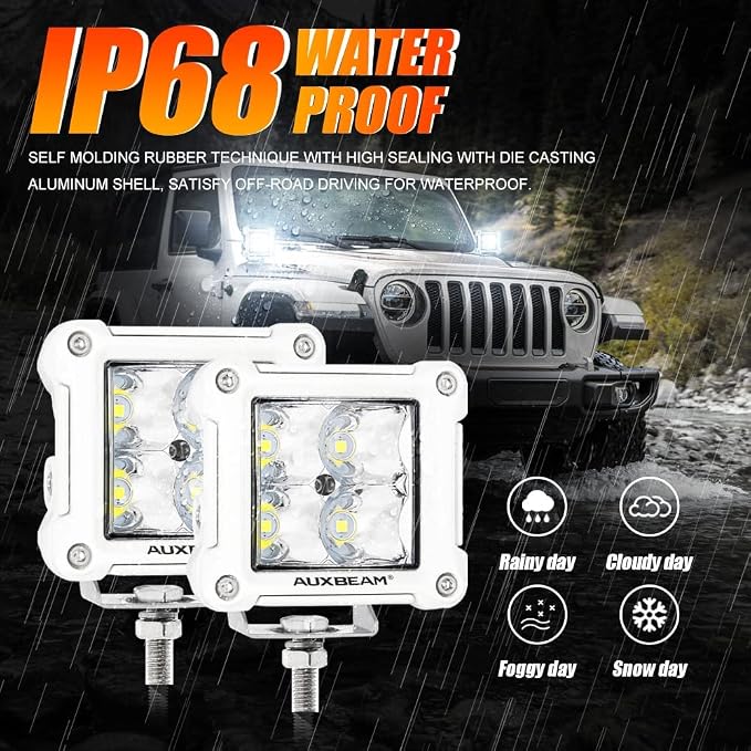 Auxbeam FA Series White Housing LED Pods, 3Inch 40W Spot Beam Offroad Cube Lights, 4800LM All White Body Ditch Lights Spotlights, for Marine Boat 4x4 4WD Motorcycle Truck, Pair