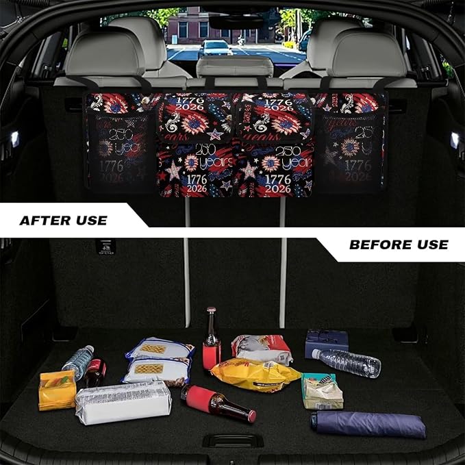 250 Years Trunk Storage Organizer Waterproof Collapsible Car Storage Bag with 4 Pockets Large Capacity Backseat Trunk Organizer Universal Fit for Cars SUV Sedans