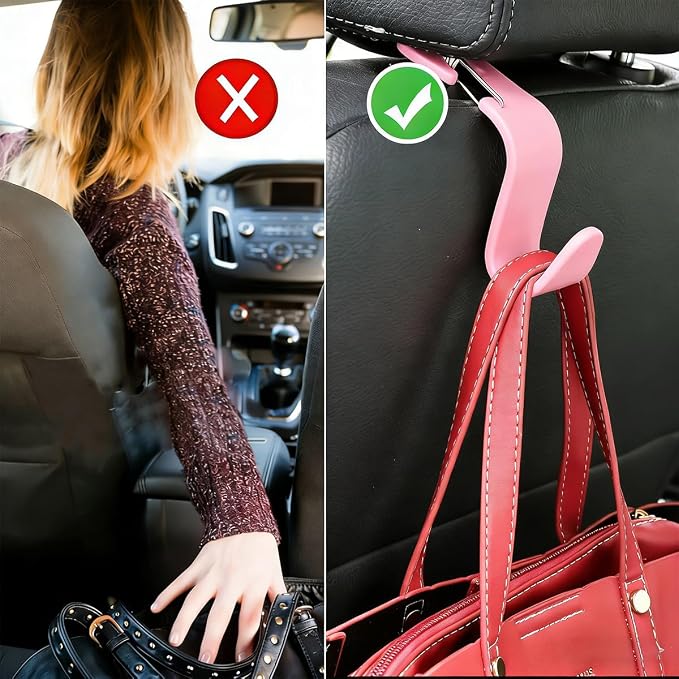 4PCS Car Seat Headrest Hook, Multi-Purpose Seat Back Hanger Purse Bag Handbag Organizer, Auto Interior Backseat Storage Hook Holder for Coat Hat Grocery Umbrella, Universal Fit (Pink)