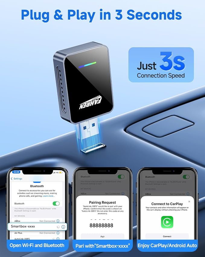 Wireless CarPlay Adapter for iPhone, A Thoughtful Upgrade for Your Drive – One-Touch User Switching, Fast & Stable Connection, Compatible with iOS 12 and Android 11, Converts Wired to Wireless