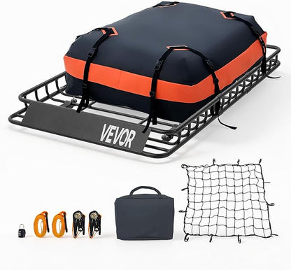 VEVOR Roof Rack Cargo Basket, 54 x 34 x 4 in, Heavy Duty Roof Top Carrier Basket with Waterproof Bag, Cargo Net, Ratchet Straps, 200 lbs Capacity, Universal Car Top Luggage Holder, for SUV Truck Car
