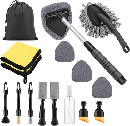 17Pcs Car Cleaning Kit Windshield Cleaner Tool with 3 Extra Microfiber Pads Car Interior Detailing Brushes Dash Duster & Microfiber Towels All-in-One Car Cleaning Supplies for Women Men
