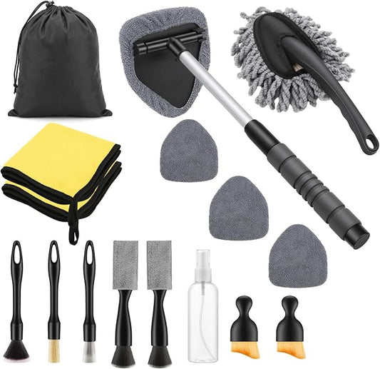 17Pcs Car Cleaning Kit Windshield Cleaner Tool with 3 Extra Microfiber Pads Car Interior Detailing Brushes Dash Duster & Microfiber Towels All-in-One Car Cleaning Supplies for Women Men