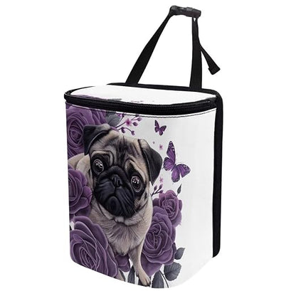 Talayituse Pug Dog Butterfly Flower Print Car Trash Can, Portable Auto Garbage Bin Multifunctional Vehicle Interior Accessories with Adjustable Straps Universal Fit Truck SUV Sedan