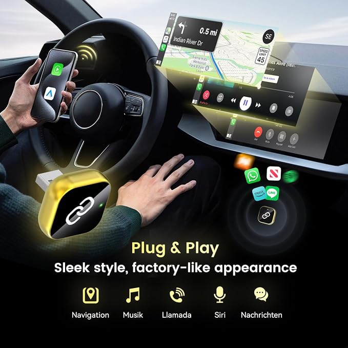 Wireless CarPlay Adapter, 2025 Wireless CarPlay Adapter for iPhone, in Car Accessories, USB and USB C, for IOS10 or Above, for Car Models from 2016 Onwards (Gold)