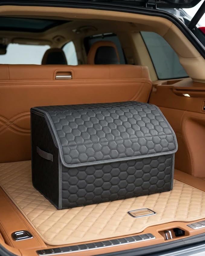 Owleys Cargo Organizer 17.7" - Compact Storage Totes with Lids for SUV, Sedan or Truck - Durable Car Crate for Travel Essentials - Black