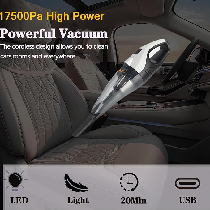 BZY Handheld Vacuum Cleaner Cordless Rechargeable 17500Pa Strong Suction Small Handheld Vacuum with LED Light Portable Car Vacuum Cleaner with Multi-Nozzles & Washable Filter 35Min for Car Home Pet