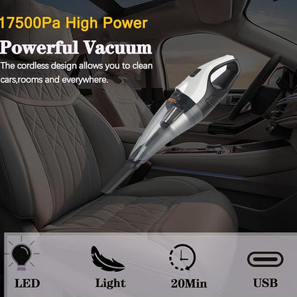 BZY Handheld Vacuum Cleaner Cordless Rechargeable 17500Pa Strong Suction Small Handheld Vacuum with LED Light Portable Car Vacuum Cleaner with Multi-Nozzles & Washable Filter 35Min for Car Home Pet