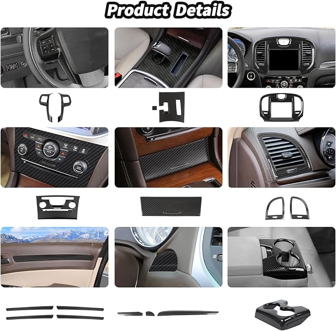 JeCar 17pcs Full Set Carbon Fiber Interior Trim Accessories for 2011-2014 Chrysler 300/300C - Center Console, Dashboard, Rear Cup Holder Panel Decoration Upgrade