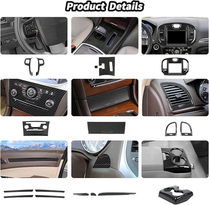 JeCar 17pcs Full Set Carbon Fiber Interior Trim Accessories for 2011-2014 Chrysler 300/300C - Center Console, Dashboard, Rear Cup Holder Panel Decoration Upgrade