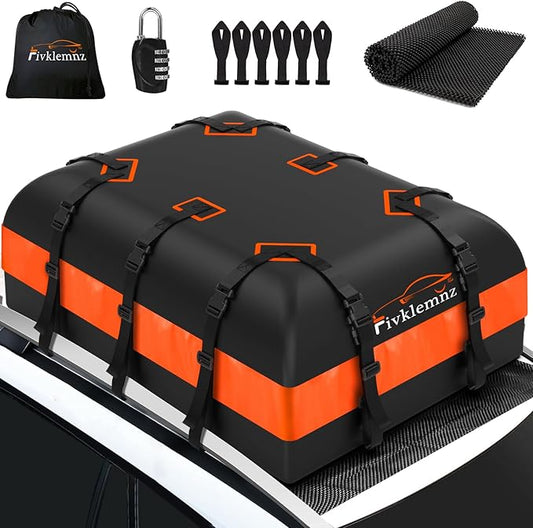 FIVKLEMNZ Rooftop Cargo Carrier - 21 Cubic Waterproof Roof Top Cargo Bag for All Cars SUVs with/Without Rack, Heavy Duty 840D Car Roof Bag with Anti-Slip Mat, 10 Reinforced Straps, 6 Door Hooks & Lock