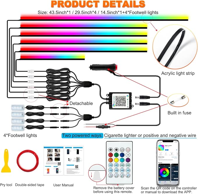 Jushope Interior Car LED Strip Lights, Acrylic LED Lights for Car with Dynamic Dreamcolor Chasing, Ambient Lighting Kits Music Sync Wireless APP and RF Remote Control (10 in 1)