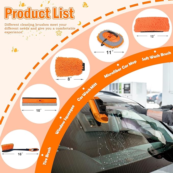LAANPOLE 12FT Car Wash Brush with Long Handle, Car Cleaning Kit with Soft Bristle Wash Brush, Microfiber Cleaning Mop, Window Squeegee, Mitt, Wheel Brush for RV, Truck, Boat, House Siding