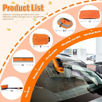 LAANPOLE 12FT Car Wash Brush with Long Handle, Car Cleaning Kit with Soft Bristle Wash Brush, Microfiber Cleaning Mop, Window Squeegee, Mitt, Wheel Brush for RV, Truck, Boat, House Siding