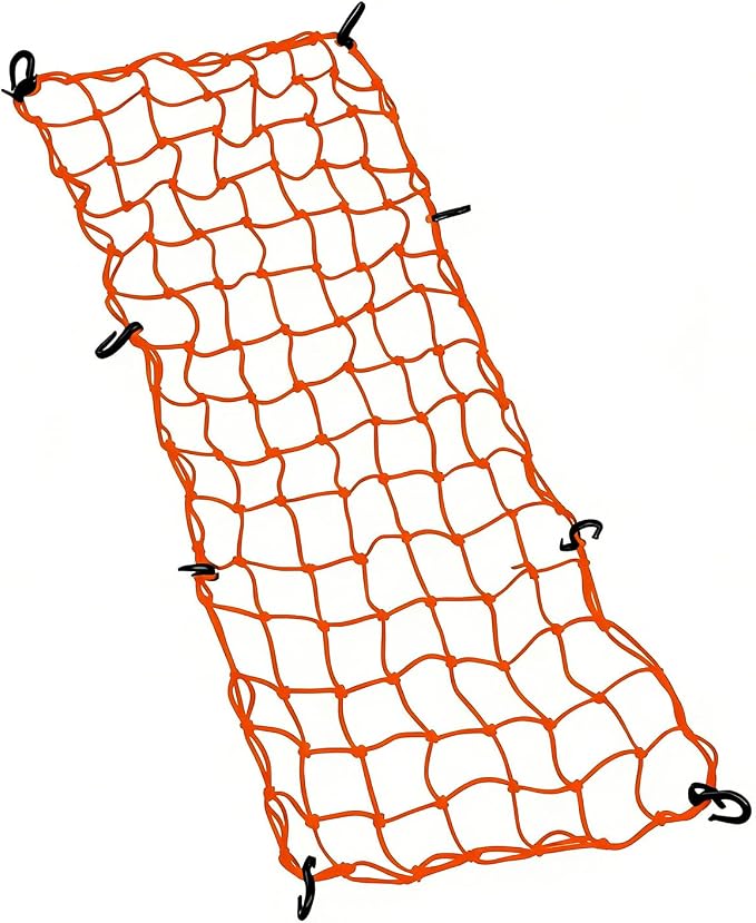 Small Cargo Net 30"x15" Stretches to 60"x30" with Thicken Hooks | Natural Latex Core, Tight 2”x2” Mesh Heavy Duty Bungee Net for Motorcycles, ATVs, Kayaks and RVs (Orange, 1 Pack)