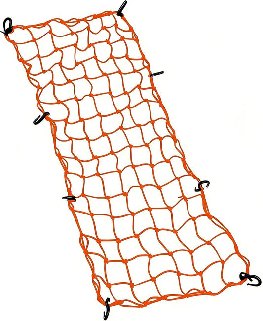 Small Cargo Net 30"x15" Stretches to 60"x30" with Thicken Hooks | Natural Latex Core, Tight 2”x2” Mesh Heavy Duty Bungee Net for Motorcycles, ATVs, Kayaks and RVs (Orange, 1 Pack)