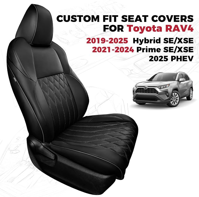 FREESOO Custom Seat Covers for Toyota RAV4 2019-2025 Hybrid SE/XSE 2021-2024 Prime SE/XSE 2025 PHEV, RAV4 Leather Car Seat Covers Interior, RAV 4 SUV Accessories Full Set, Black