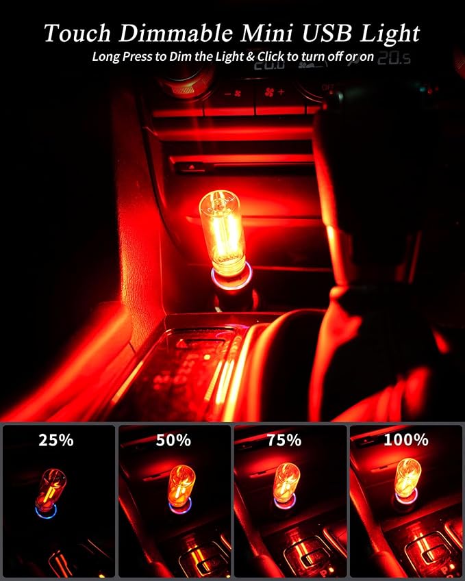 USB Light Touch Dimmable Retro USB Led Lights for Car,Mini USB Light Bulb Ambient Lighting for Car Bedroom Party Christmas Hallway Camping,Red 2Pack