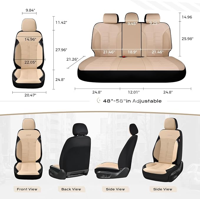 Coverado Full Set Leather Car Seat Covers, Crafted with Full Leather Construction and Carbon Fibre Weave Universal Fit for Most Cars SUV Trucks(Beige