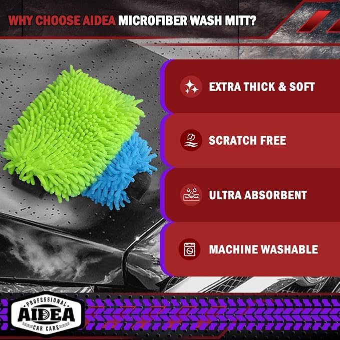 AIDEA Car Wash Mitt Microfiber, 2PK Scratch Free Lint-Free, Premium Chenille Microfiber Mitt Car Wash Brush, Green & Blue, Extra Large Size 8''X12''