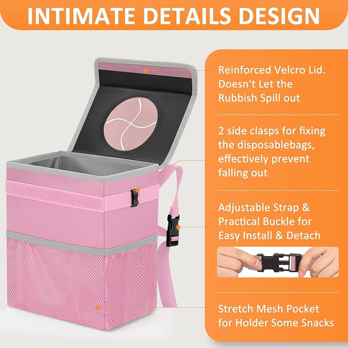 Vankor 3 Gallons Car Trash Can with Lid, Car Trash Bag Bin Hanging Waterproof Automotive Garbage Cans Leak Proof Vehicle Trash Can Pink