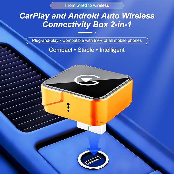 Wireless CarPlay Adapter, 2026 Upgraded Wired to Wireless for Apple CarPlay & Android Auto, USB-C/Type-C, Car Play Adapter, Plug and Play, Stable Connection & No Latency (Orange)