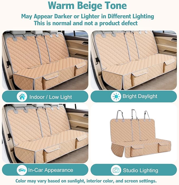 Bark Lover Dog Car Seat Cover for Back Seat,Armrest Compatible, Waterproof Backseat Protector, Nonslip Rear Seat Cover for Dogs & Kids, Universal Size Fits Cars Trucks SUVs (Beige)