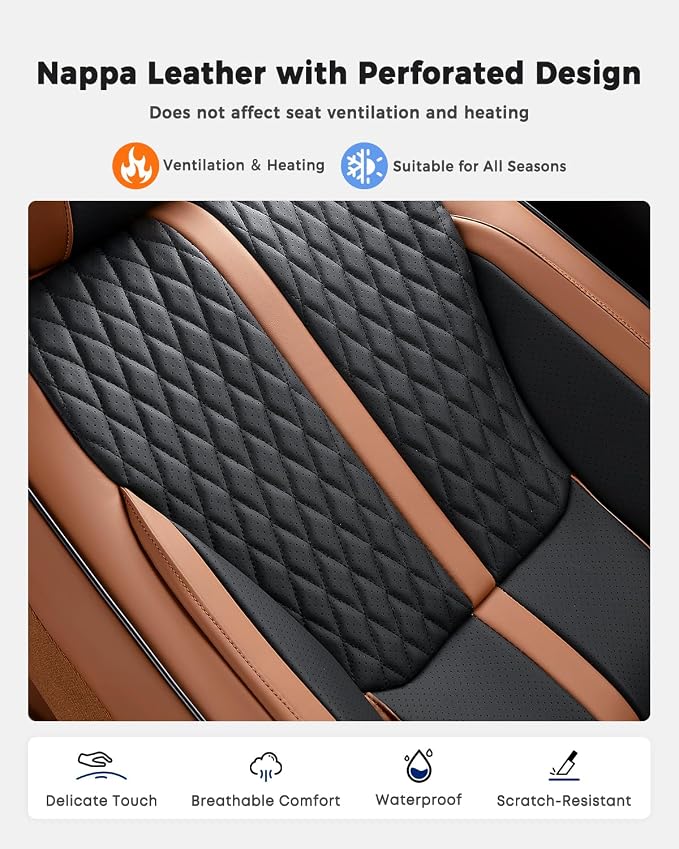 Huidasource Front Seat Covers, Luxury Nappa Leather Driver Seat Cover with Airbag, Lumbar Support, Cooling＆Heating, Seatbelt Buckles, Front Seat Cover Universal Fit for Most Cars SUV Trucks, Brown