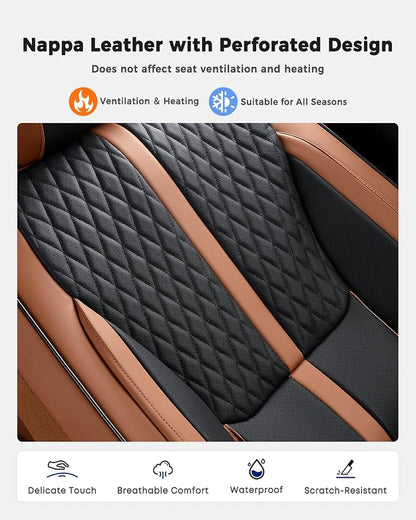 Huidasource Front Seat Covers, Luxury Nappa Leather Driver Seat Cover with Airbag, Lumbar Support, Cooling＆Heating, Seatbelt Buckles, Front Seat Cover Universal Fit for Most Cars SUV Trucks, Brown