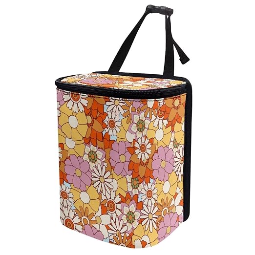 Vintage Hippie Floral Print Car Trash Can with Lid Car Accessories for Men Women Trash Bin Hanging Back of Seat Collapsible Leak Proof Multipurpose Vehicle Garbage Can