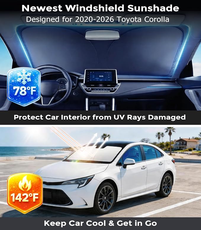 DMJN Front Windshield Sun Shade for Toyota Corolla (2020-2026), [Nano Ice-Crystal Coatings] UPF50+ Heat & UV Block, Protect Car Interior & Keep Cool, Flodable Steel-Ring Car Cover for Summer