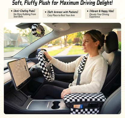 5 Pcs Fuzzy Black & Wihte Car Accessories Set, Soft Fluffy Plush Steering Wheel Cover, Center Console Armrest Pad & Rearview Mirror Cover - Interior Decorations for Women,Universal Fit (Check)