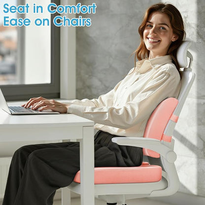 CushZone Ergonomic Seat Cushion & Lumbar Support Pillow - Memory Foam for Sciatica Pain Relief & Posture Correction, Non-Slip Chair Cushions for Office Chair/Car/Wheelchair/Travel, Pink X-Large