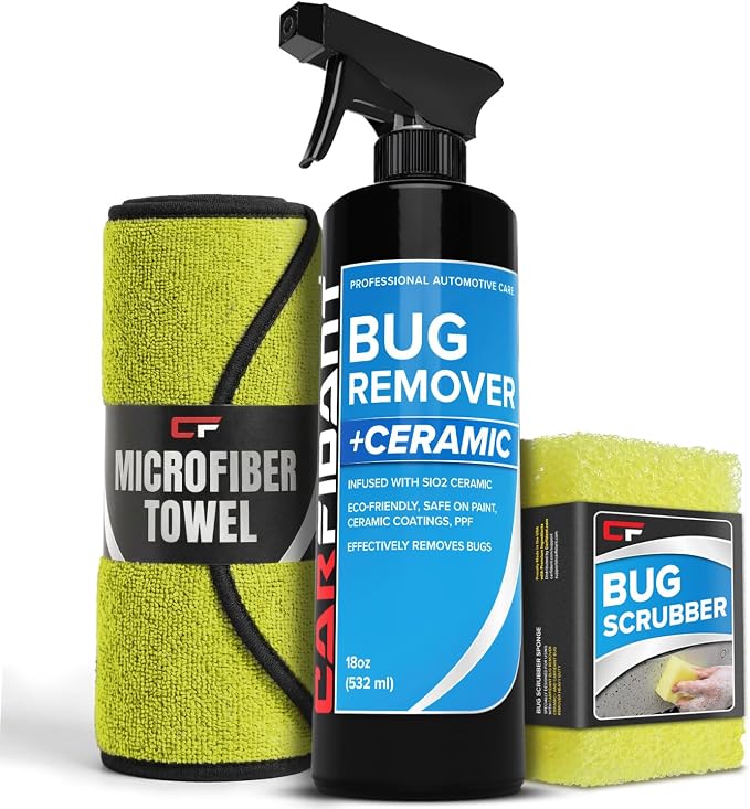 Carfidant Bug Remover for Cars Exterior - Car Bug Cleaner Spray with Ceramic Coating - Removes Bug Splatter & Bird Poop - Safe on Paint, Glass, Plastic, Metal - Windshield Pre Wash - 18 fl oz + Sponge