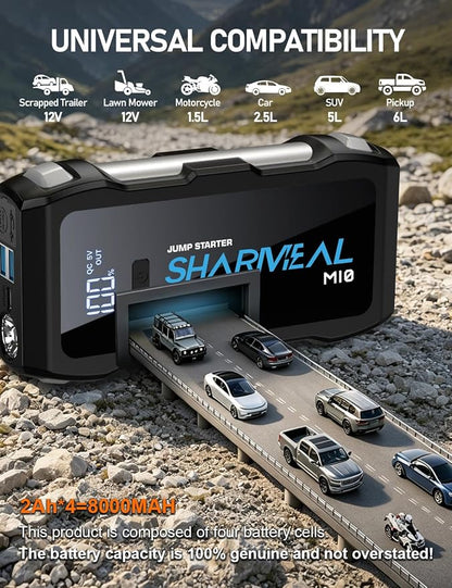 Sharmeal Jump Starter 6000A, 12V Car Battery Jump Starter (Up to All Gas or 10.0L Diesel Engine), Battery Booster with 3 Modes Flashlight and Jumper Cable