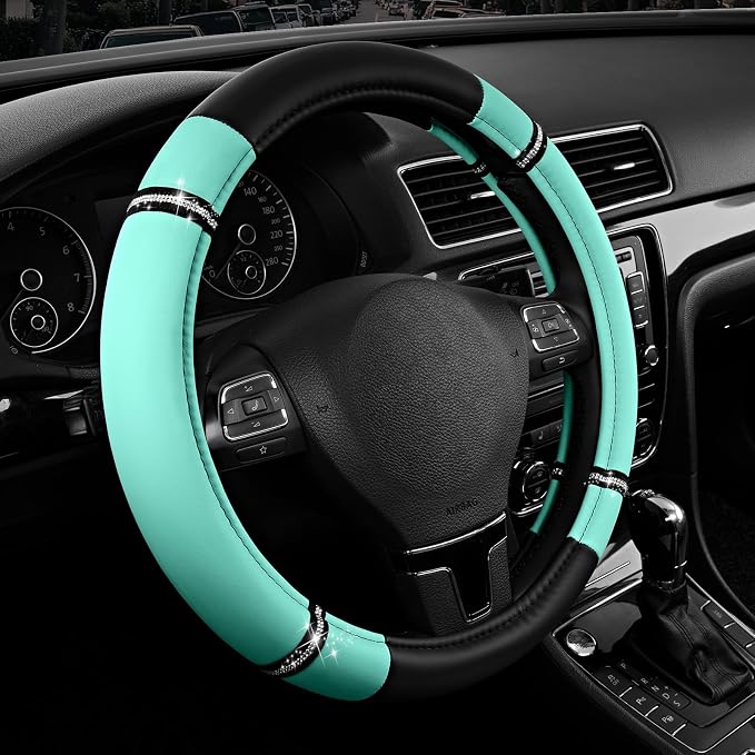 Road Comfort Leather Steering Wheel Cover – Premium Anti-Slip Car Steering Wheel Grip Cover – Universal Fit for 14.5”–15” Cars, Trucks & SUVs - Mint