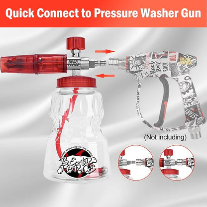 BEAR FORCE Foam Cannon Wide Mouth for Pressure Washer, Stainless Steel Heavy Duty Thick Snow Foam Lance, 360° Adjustable Soap Sprayer 1/4" Quick Connector, 1.10mm 1.25mm Orifice, 32oz Bottle, Car Wash