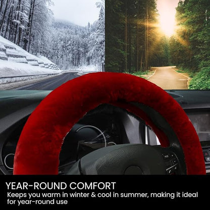 Andalus Brands Luxury Fluffy Car Steering Wheel Covers – Genuine Merino Sheepskin, Soft Fuzzy Car Steering Wheel Cover for Women, Universal 14.5-15" Size, Plush Fur Cute Auto Accessories, Dark Red